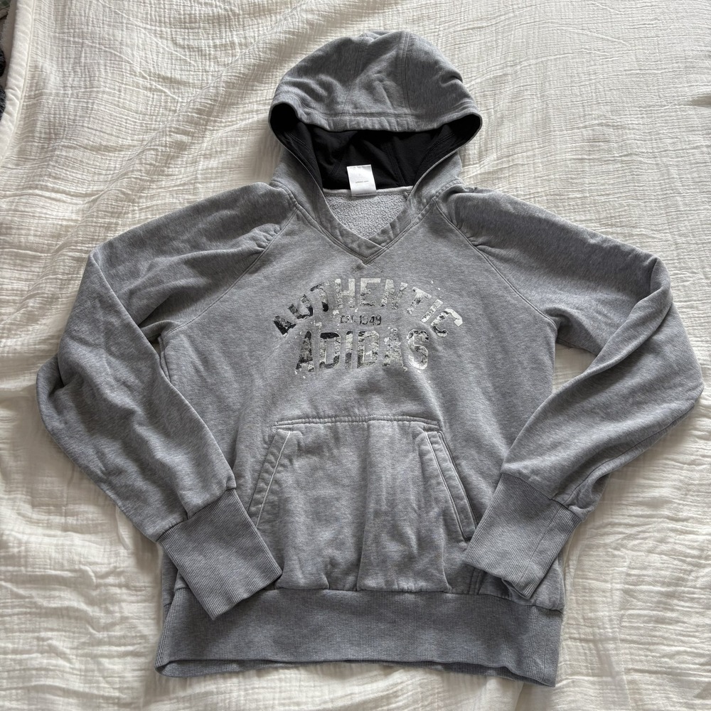 Adidas Hoodie Graphic V Neck Grey Raglan Kangaroo Pocket Athleisure M